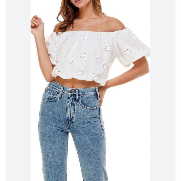 WAYF Brooke Eyelet Off Shoulder Puff Sleeve Crop Top Ivory Women's Size S NWOT - Picture 1 of 6